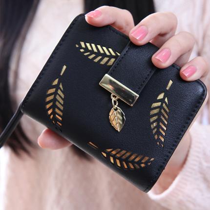 新款韩版短款钱包女士学生拉链搭扣缕空树叶小钱包钱夹卡包